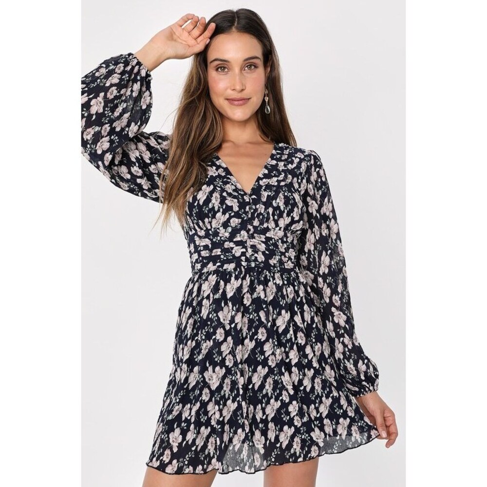 Lulus Devoted Romance Navy Blue Floral Backless Dress With Pockets - Size M